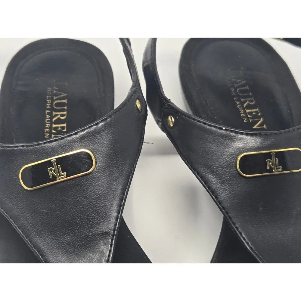 Lauren Ralph Lauren Thong Sandals Women's Size 9 Kacy Black Gold T-Strap - Picture 2 of 7